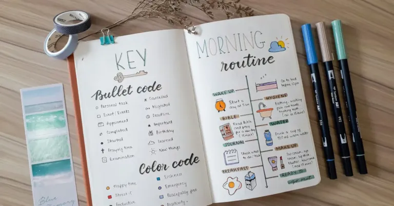 Bullet journal open to a morning routine page beside coloured pens