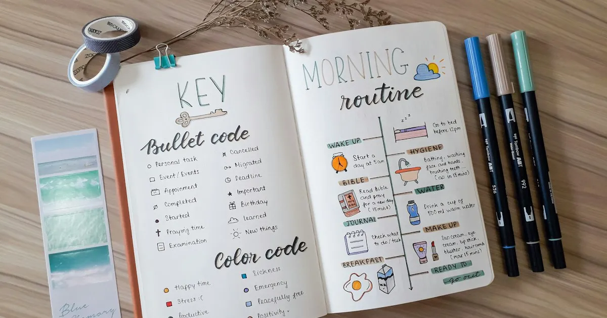 Bullet journal open to a morning routine page beside coloured pens
