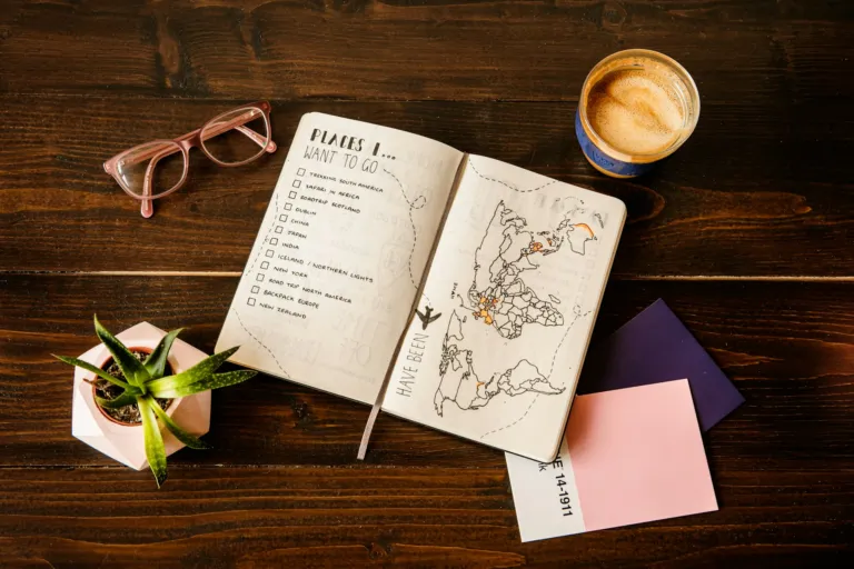 Open travel journal with coffee, glasses and a small plant on a wooden desk — the Songoftruth.org lifestyle blog